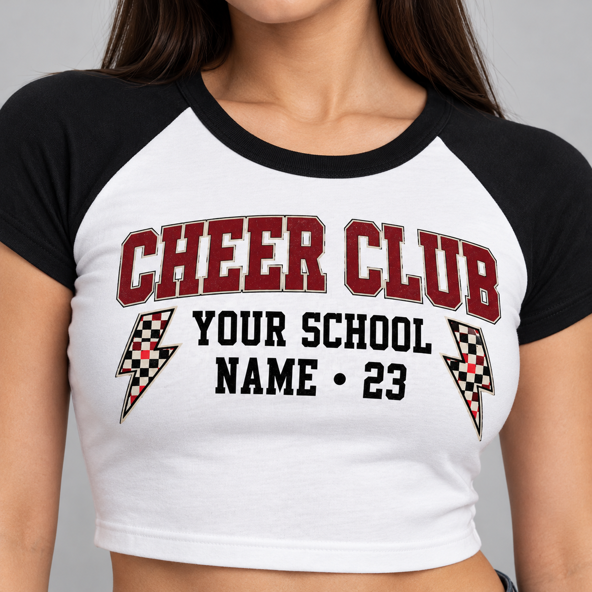 Custom Cheer Club raglan crop tee black view 5