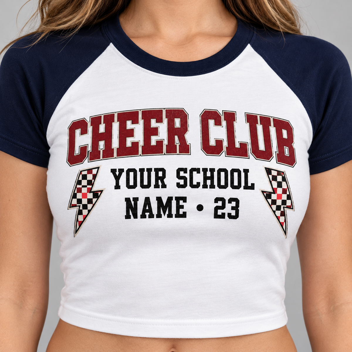 Custom Cheer Club raglan crop tee navy view 5