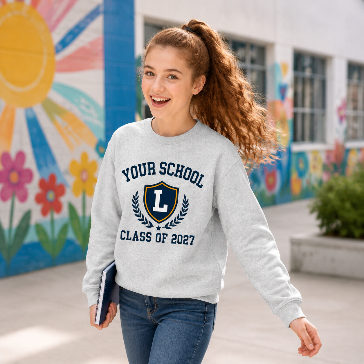 Girl wearing light gray Class of 2027 youth crewneck sweatshirt