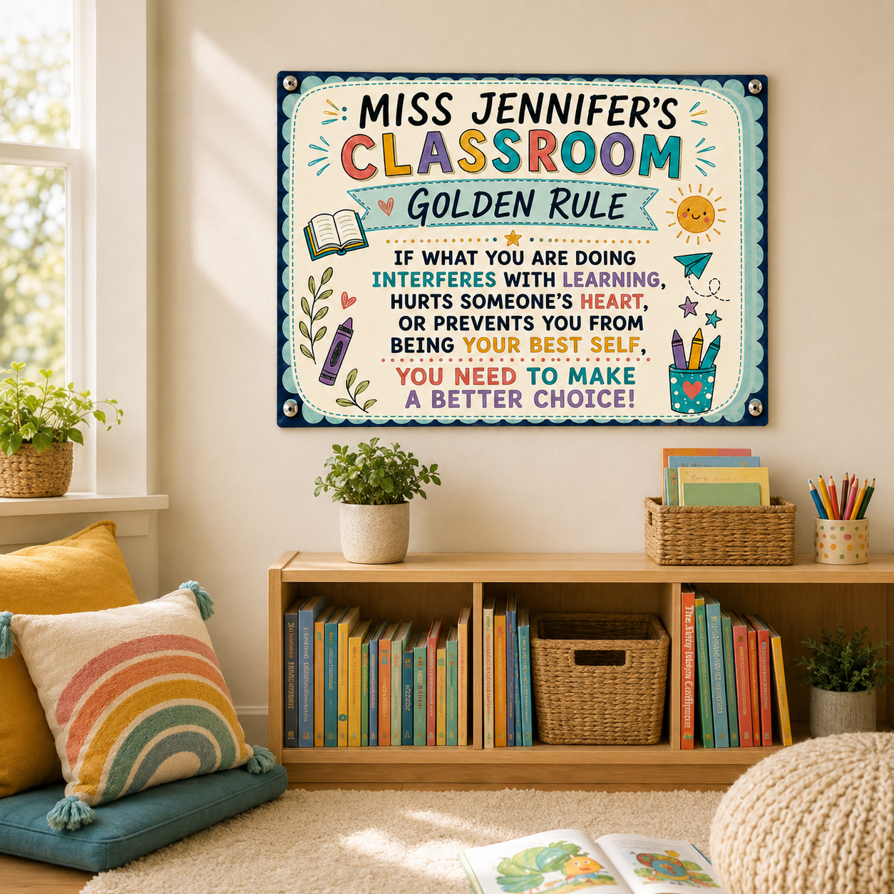 Classroom Golden Rule metal sign in a reading corner