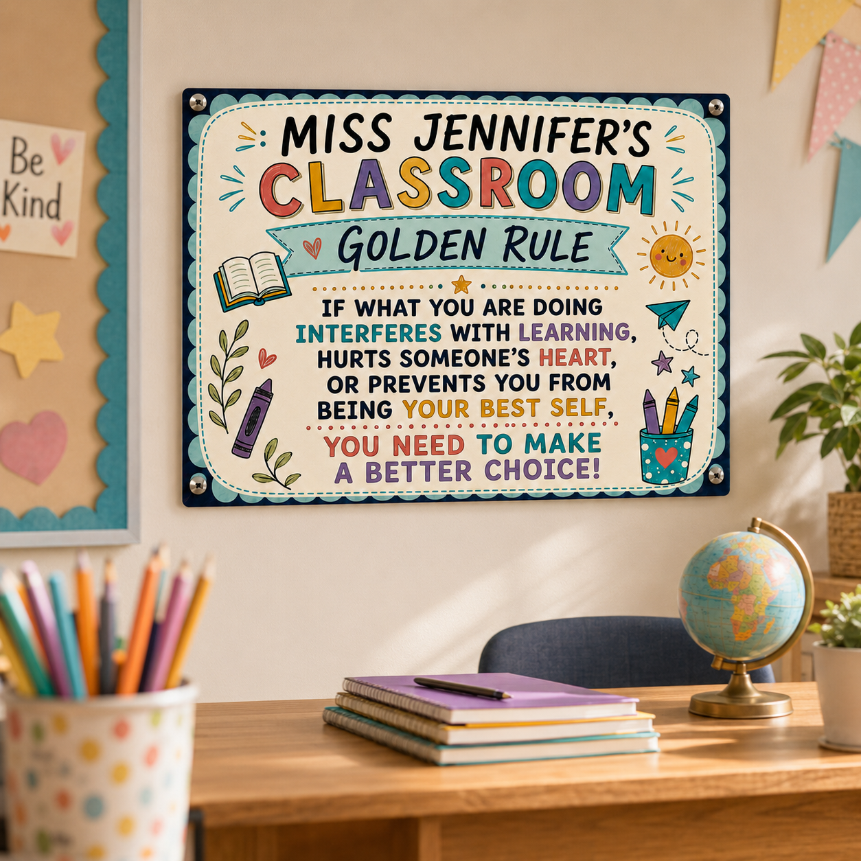 Classroom Golden Rule metal sign near a teacher desk