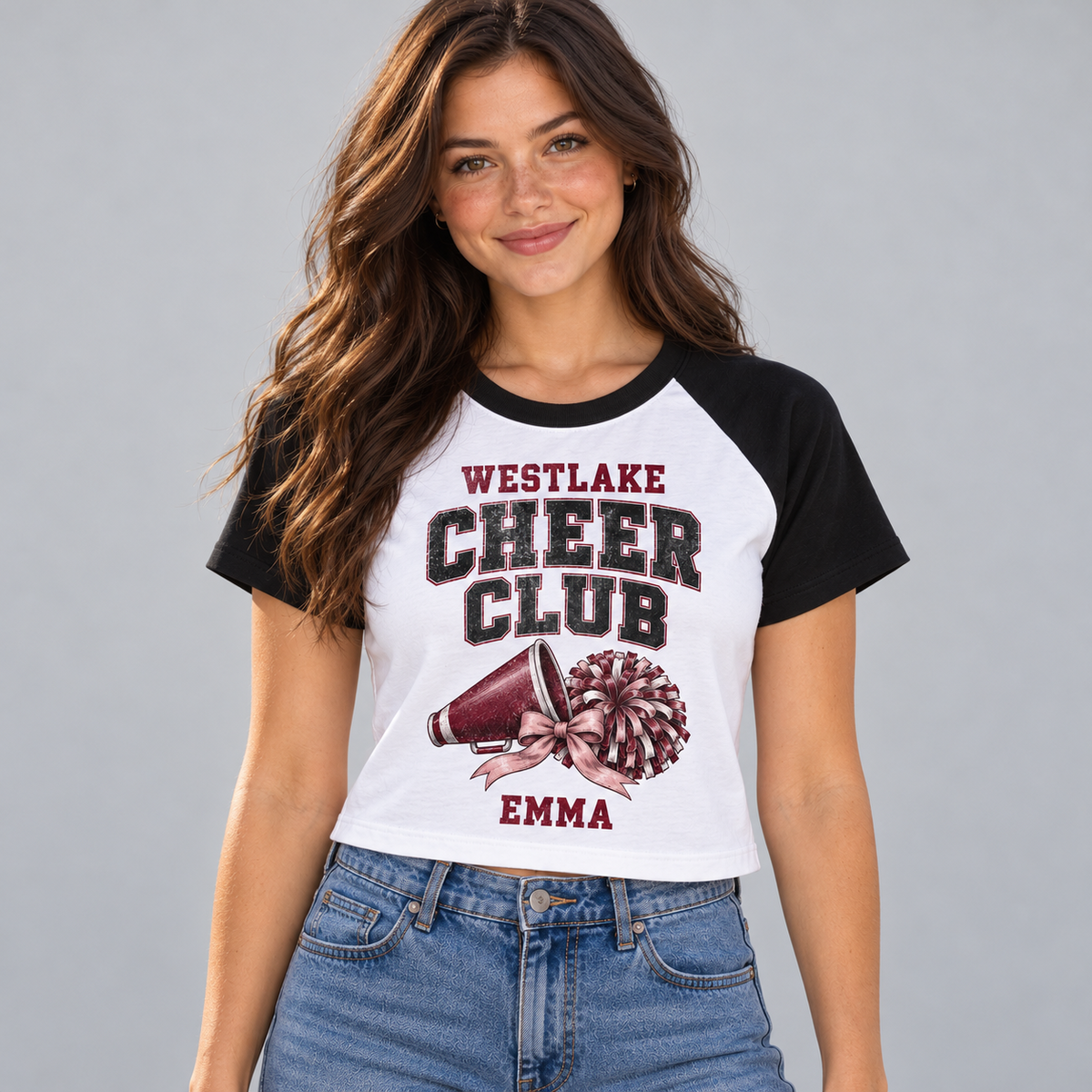 Black sleeve college Cheer Club crop tee on model