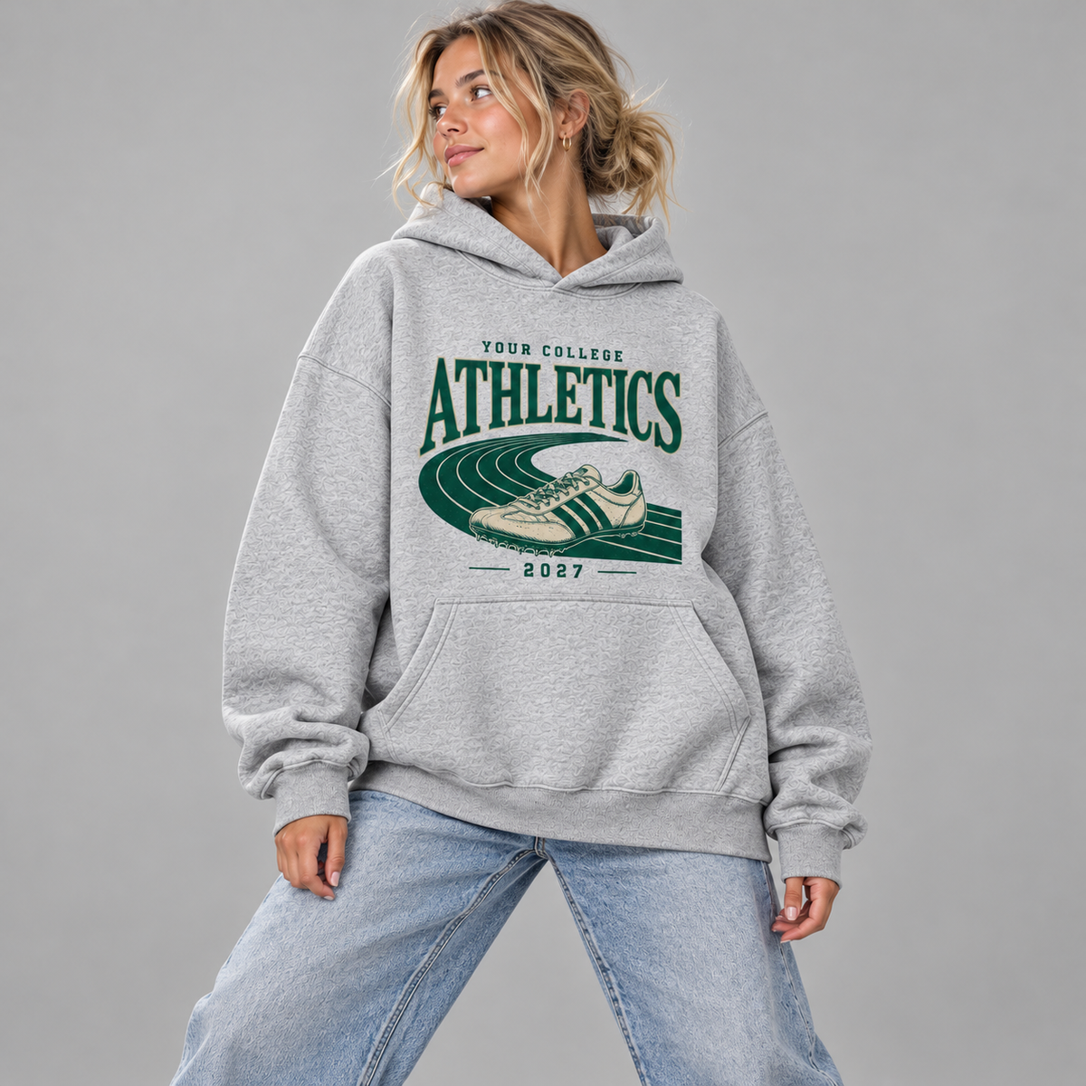 Custom college track and field hoodie product photograph