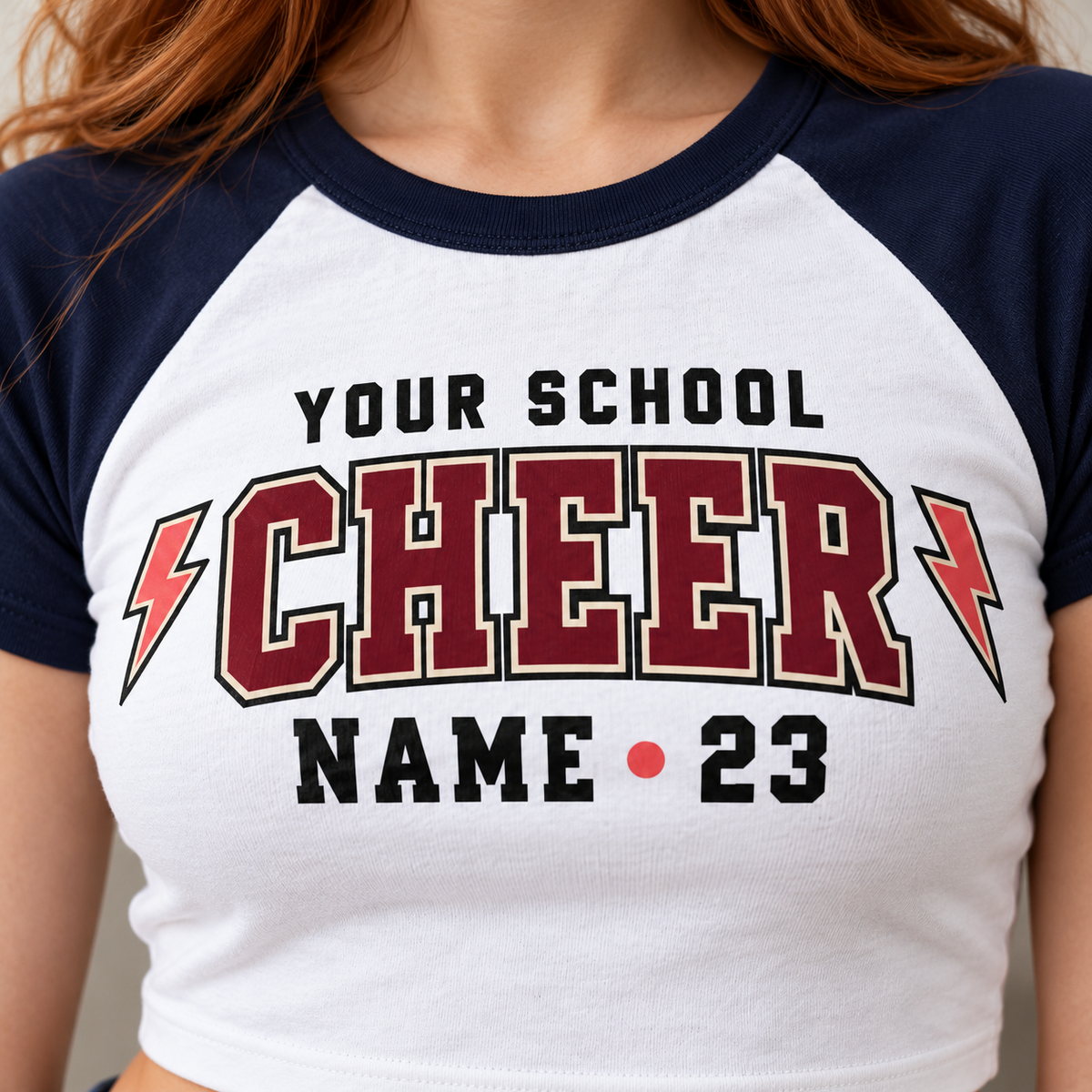 Close-up of custom school and name cheer print