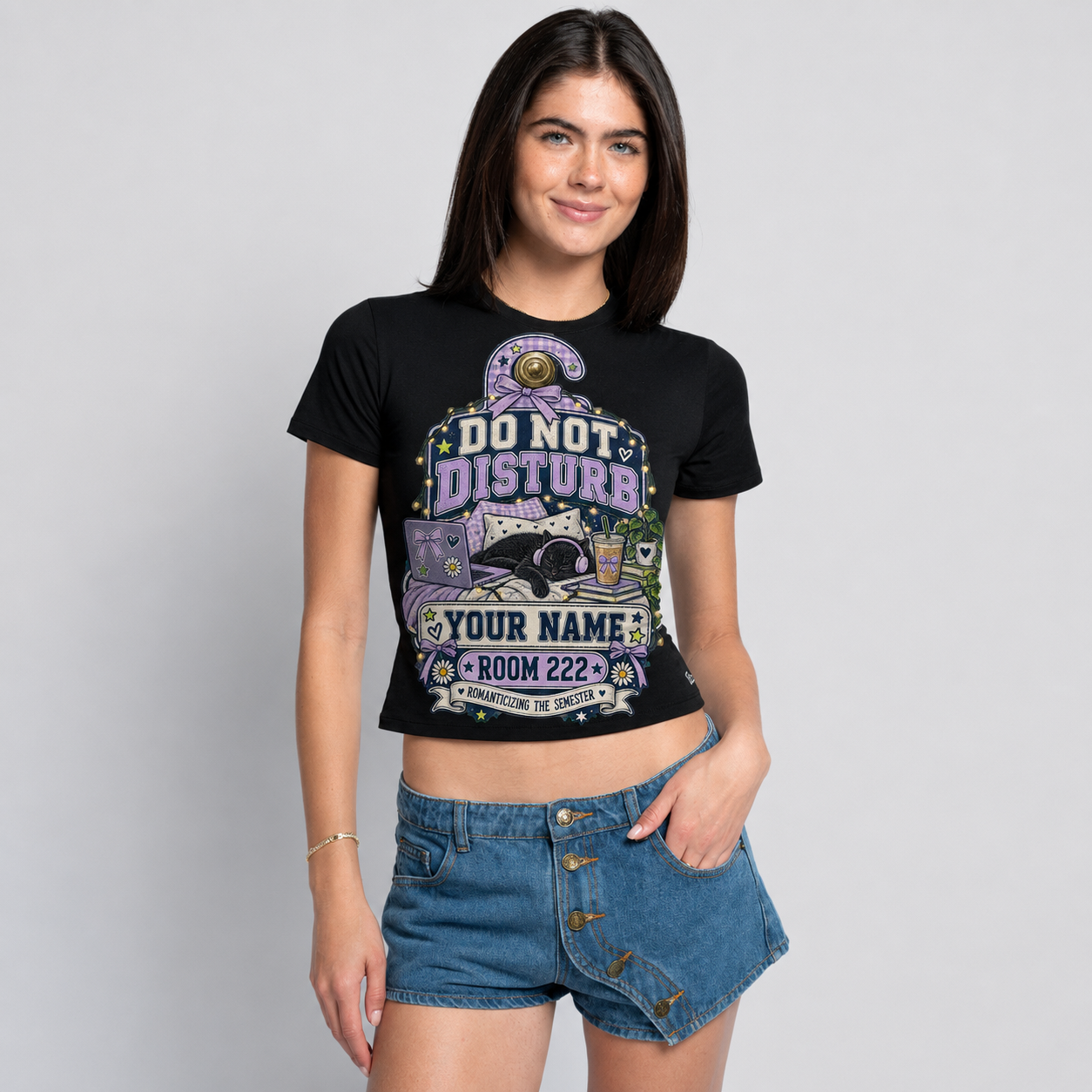 Black dorm culture T-shirt model half-body view