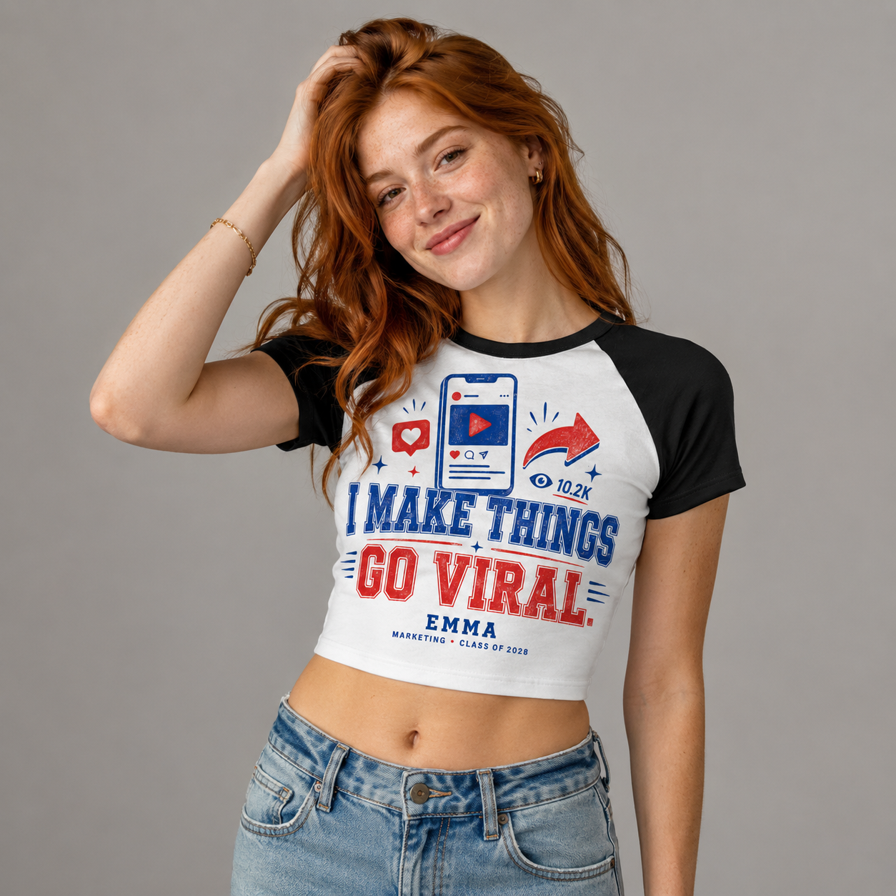 College student modeling I Make Things Go Viral crop tee