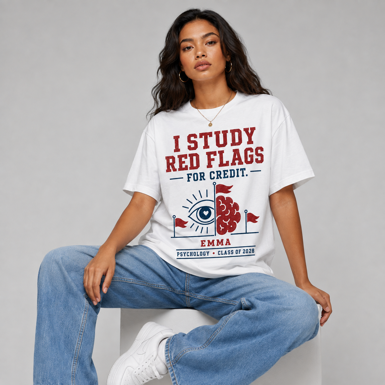 Custom college psychology graphic tee seated model