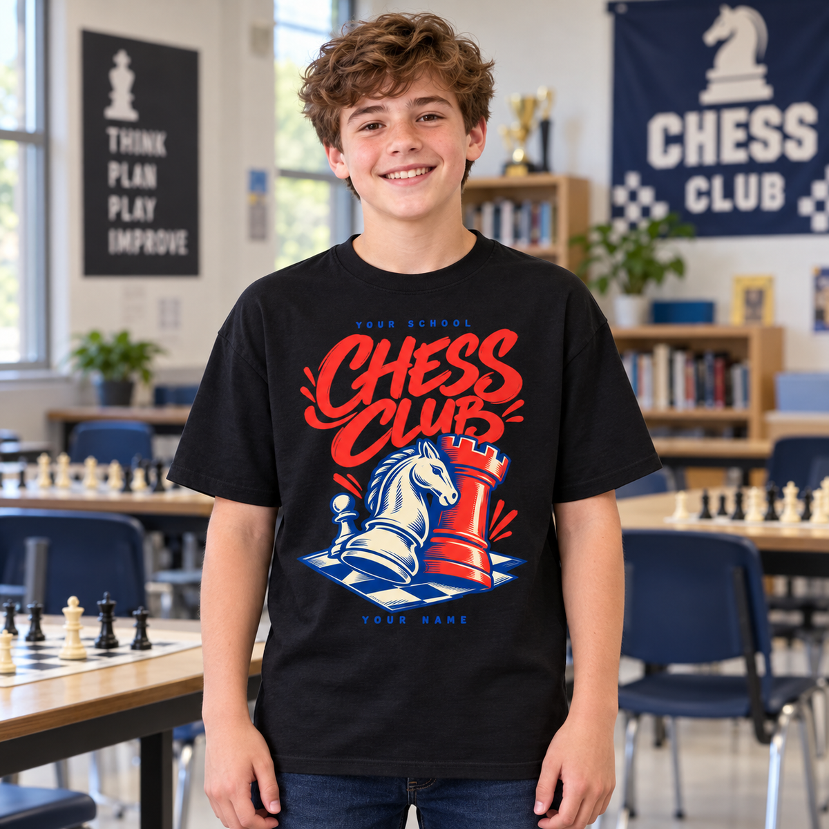 Personalized chess club T-shirt - black student model