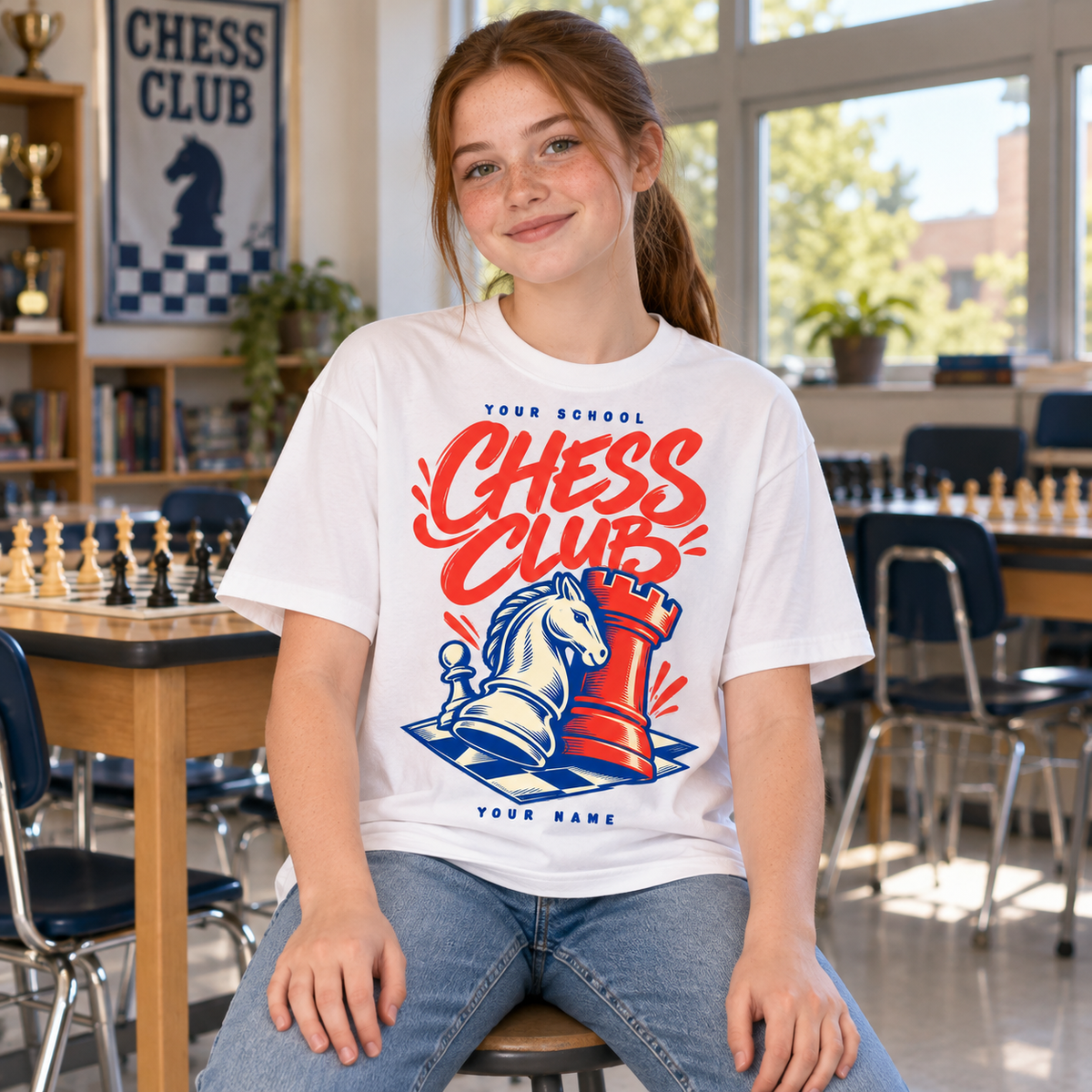 Personalized chess club T-shirt - white student model