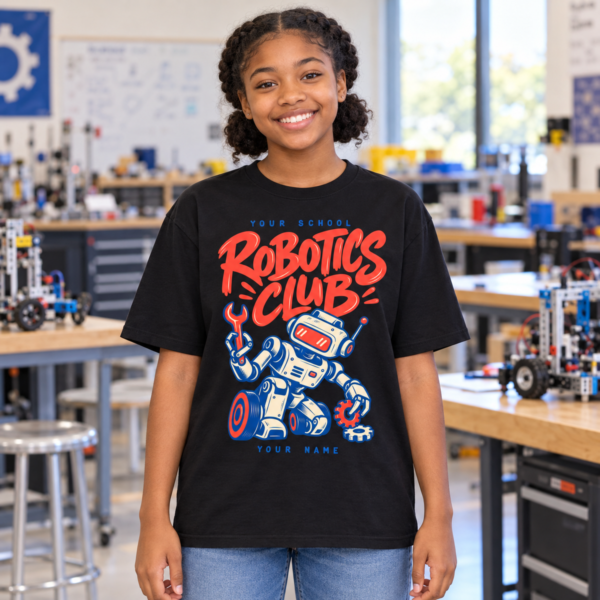 Personalized robotics club T-shirt - black student model