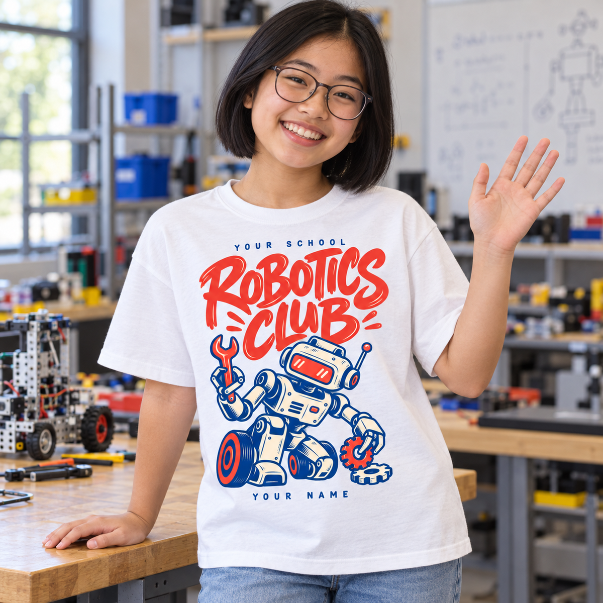 Personalized robotics club T-shirt - white student model