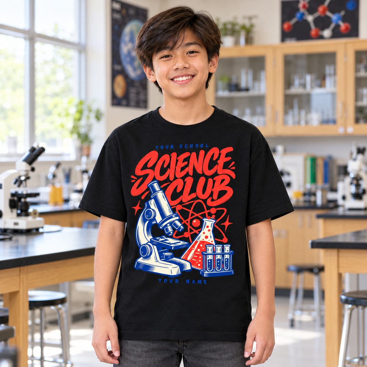 Personalized science club T-shirt - black student model