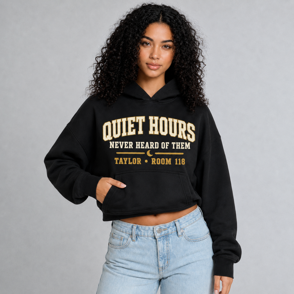 Black hoodie model half-body