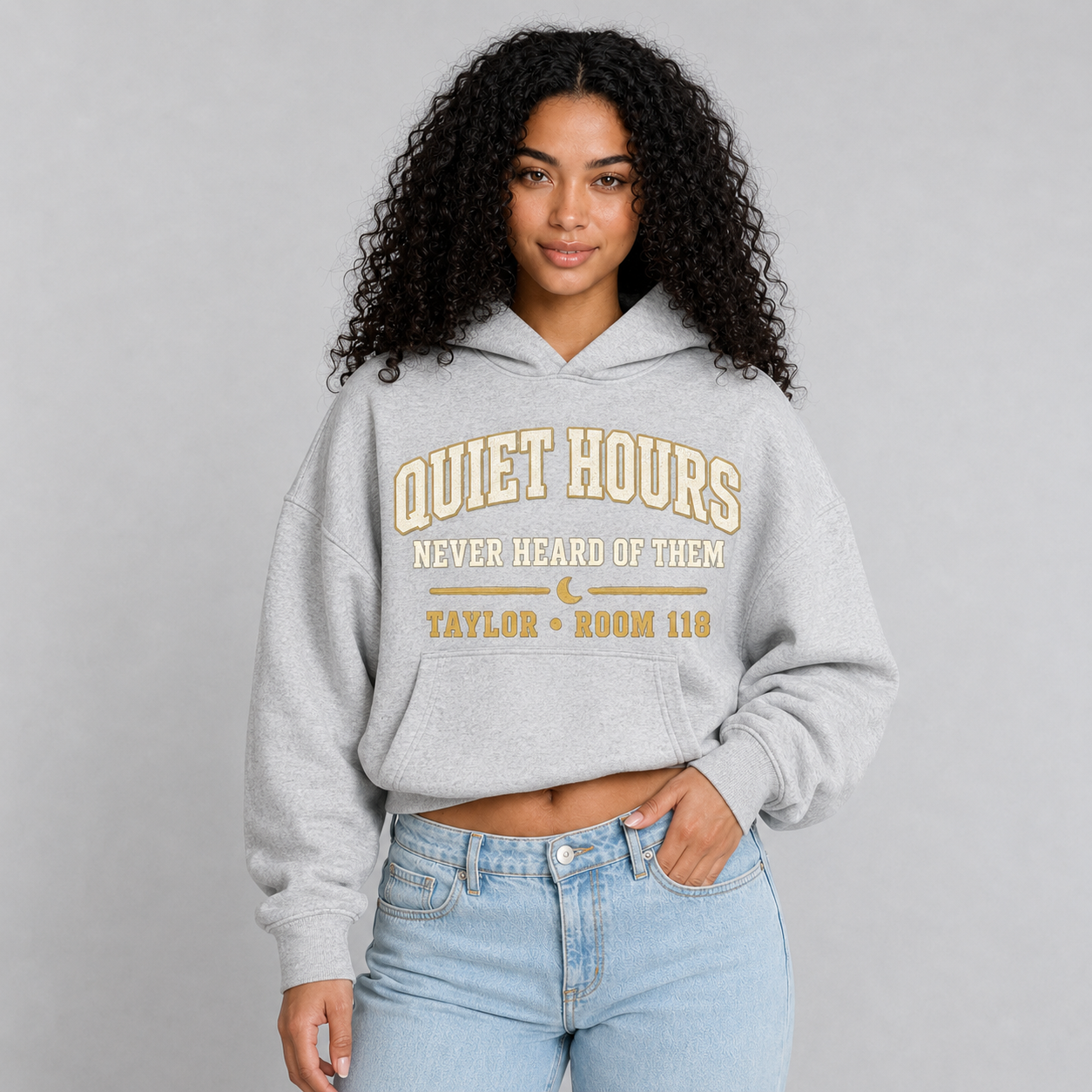 Light gray hoodie model half-body
