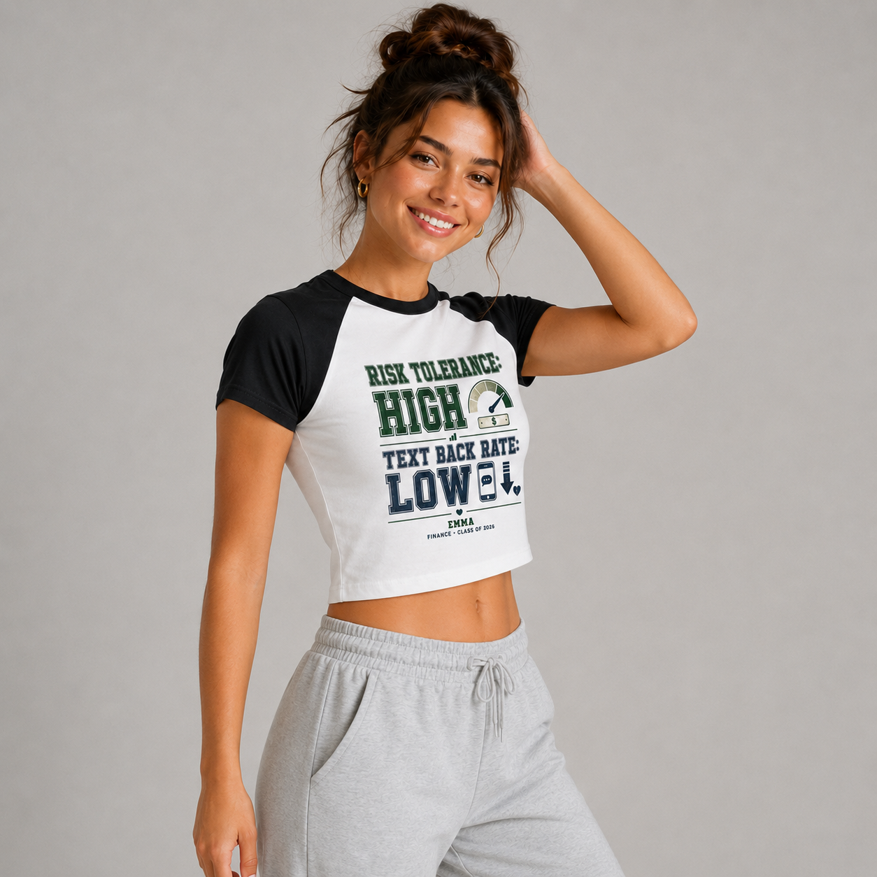 Model wearing Risk Tolerance High Text Back Rate Low college crop tee