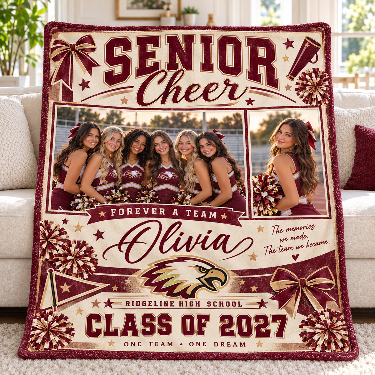 Personalized senior cheer flannel blanket in burgundy cream and gold