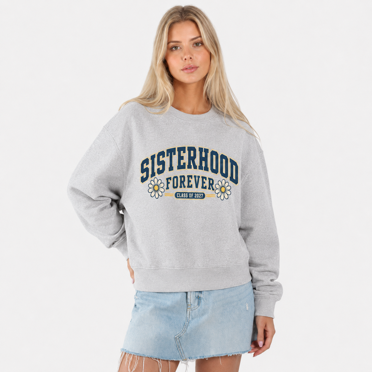 Sisterhood Forever 2027 light gray sweatshirt close view