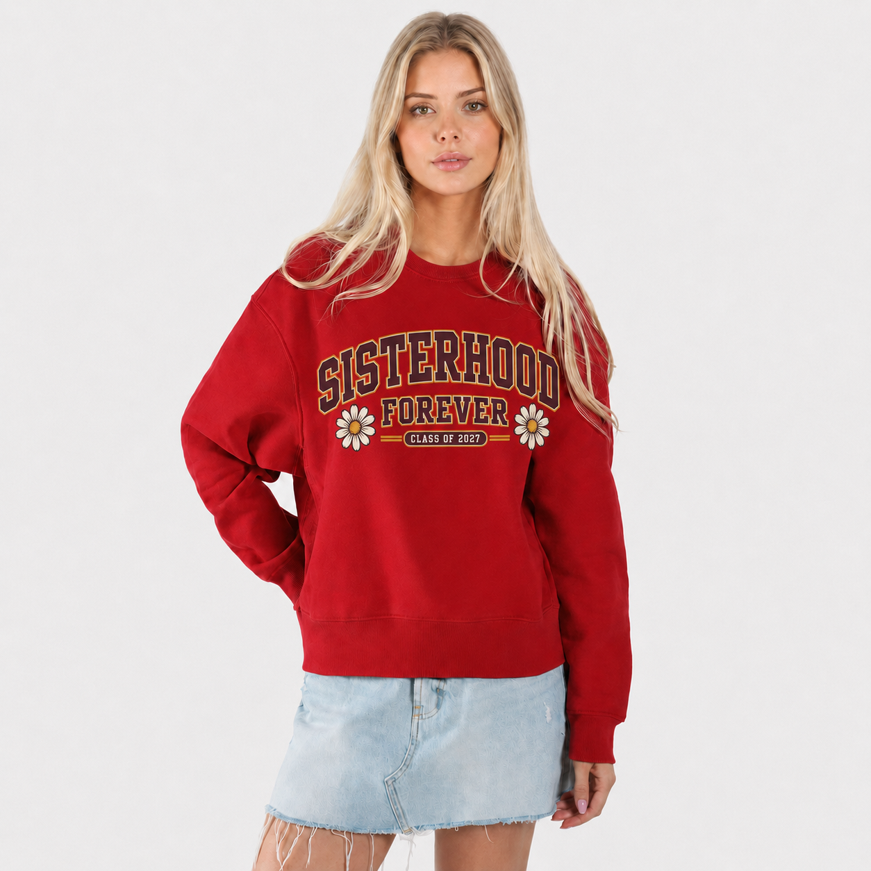 Sisterhood Forever 2027 red sweatshirt model front