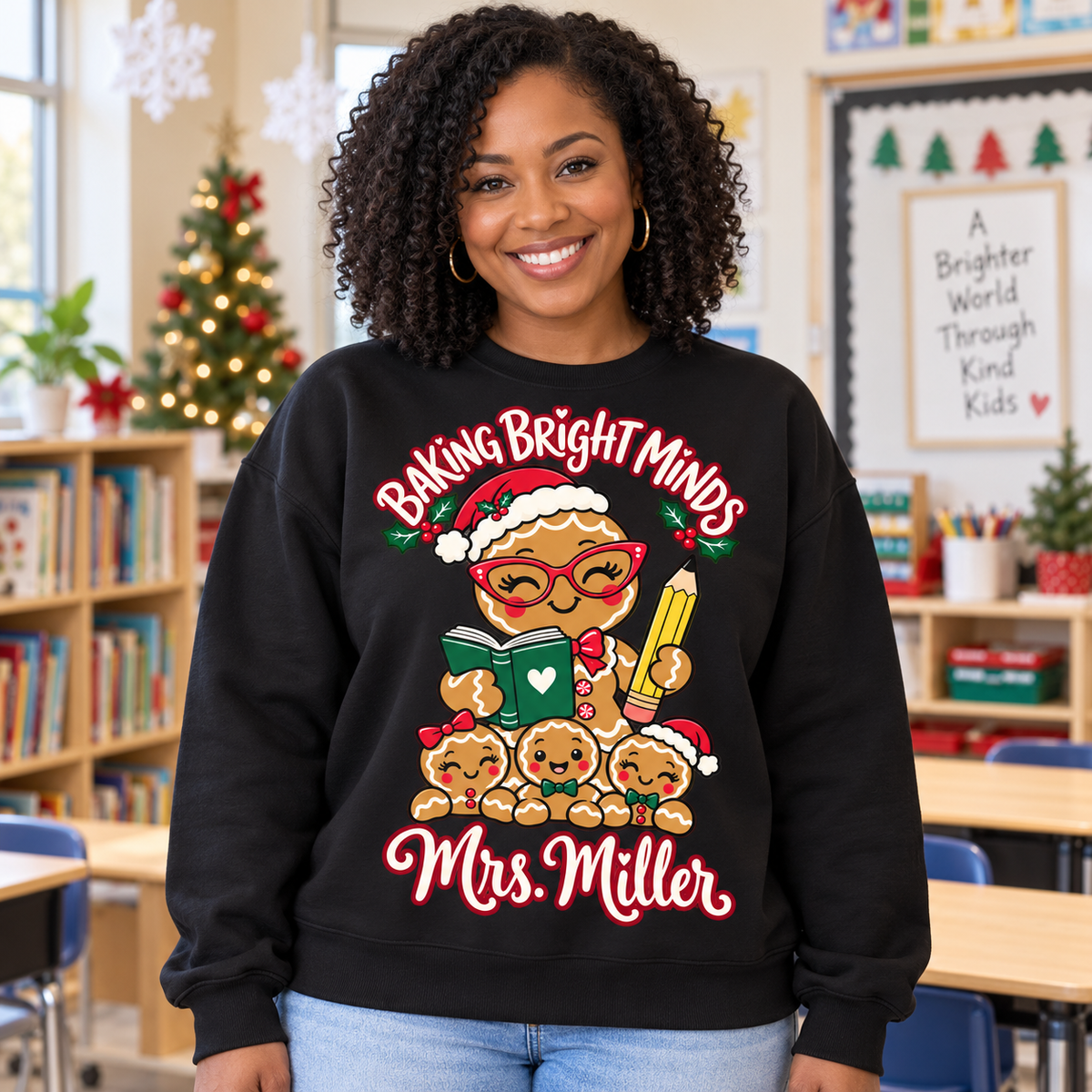 Custom Name Baking Bright Minds Gingerbread Teacher Christmas Sweatshirt - black model