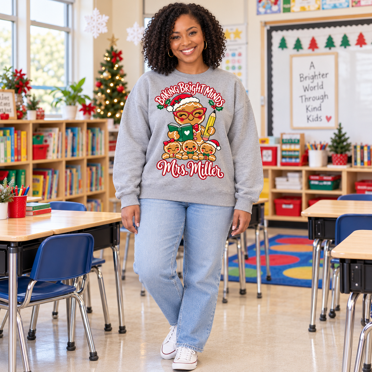 Custom Name Baking Bright Minds Gingerbread Teacher Christmas Sweatshirt - heather gray full body