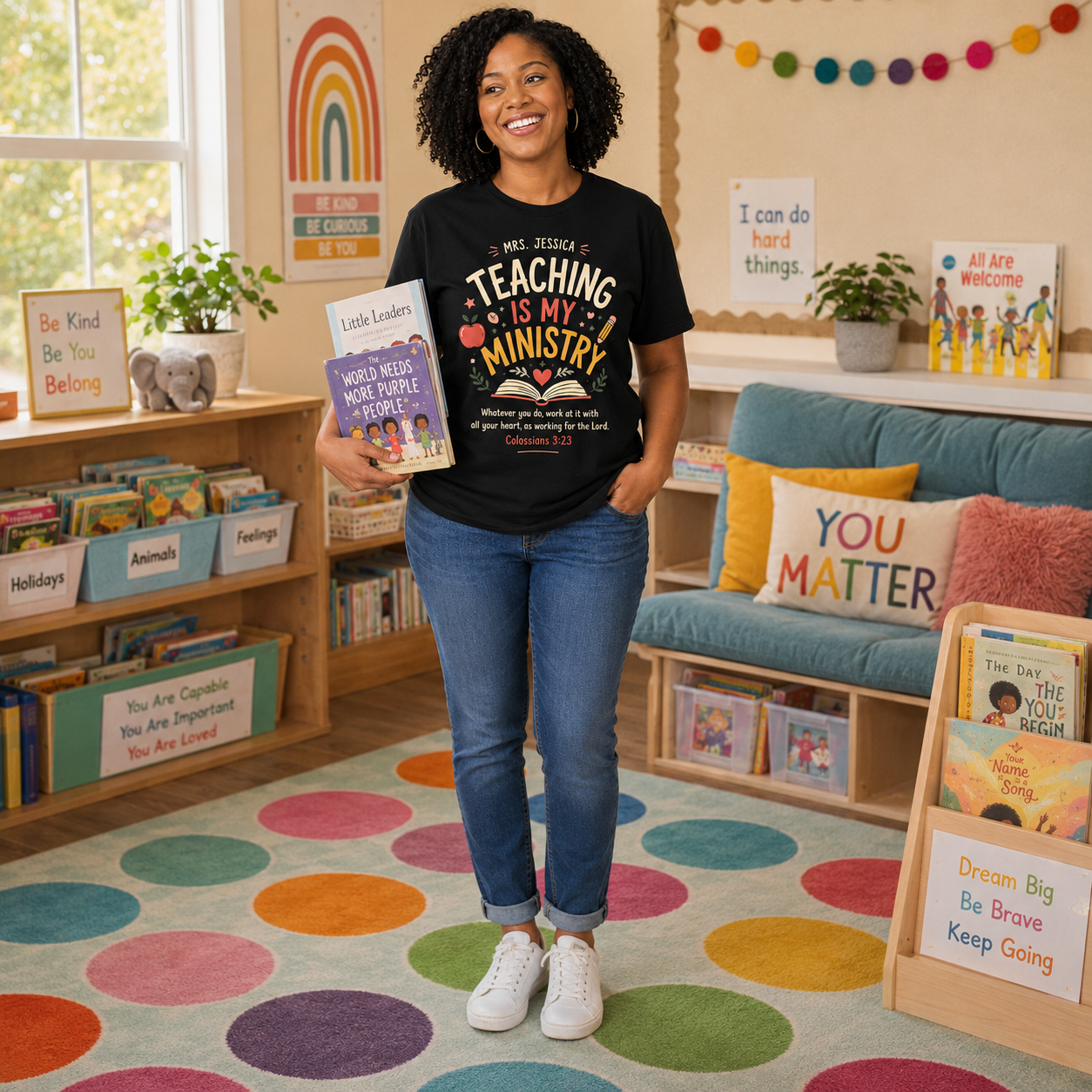 Black Teaching Is My Ministry T-shirt in classroom reading corner