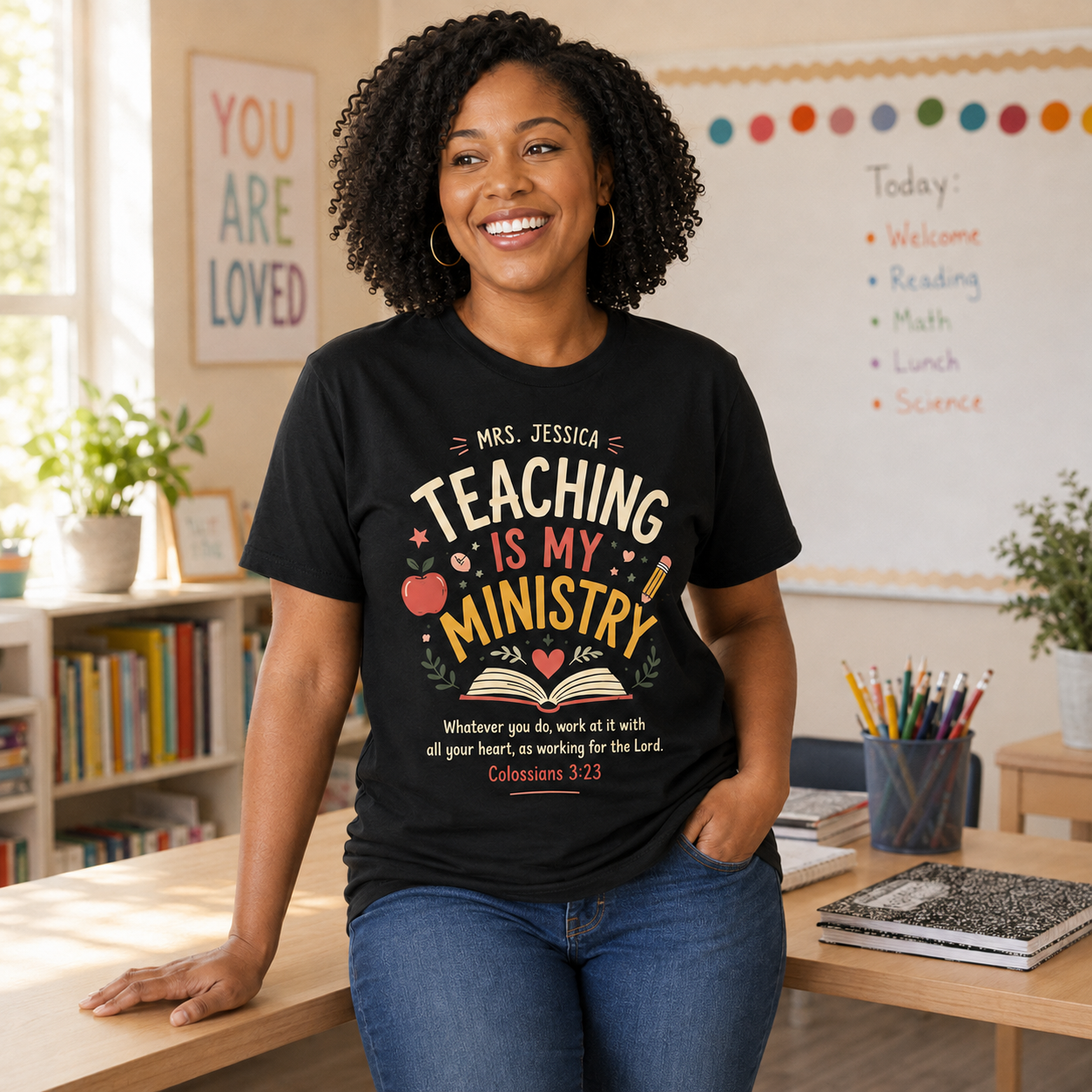 Black Teaching Is My Ministry T-shirt near teacher desk
