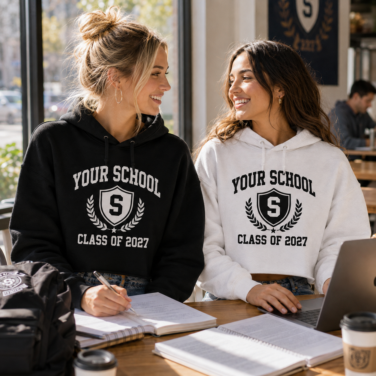 Students in personalized black and white cropped hoodies studying together