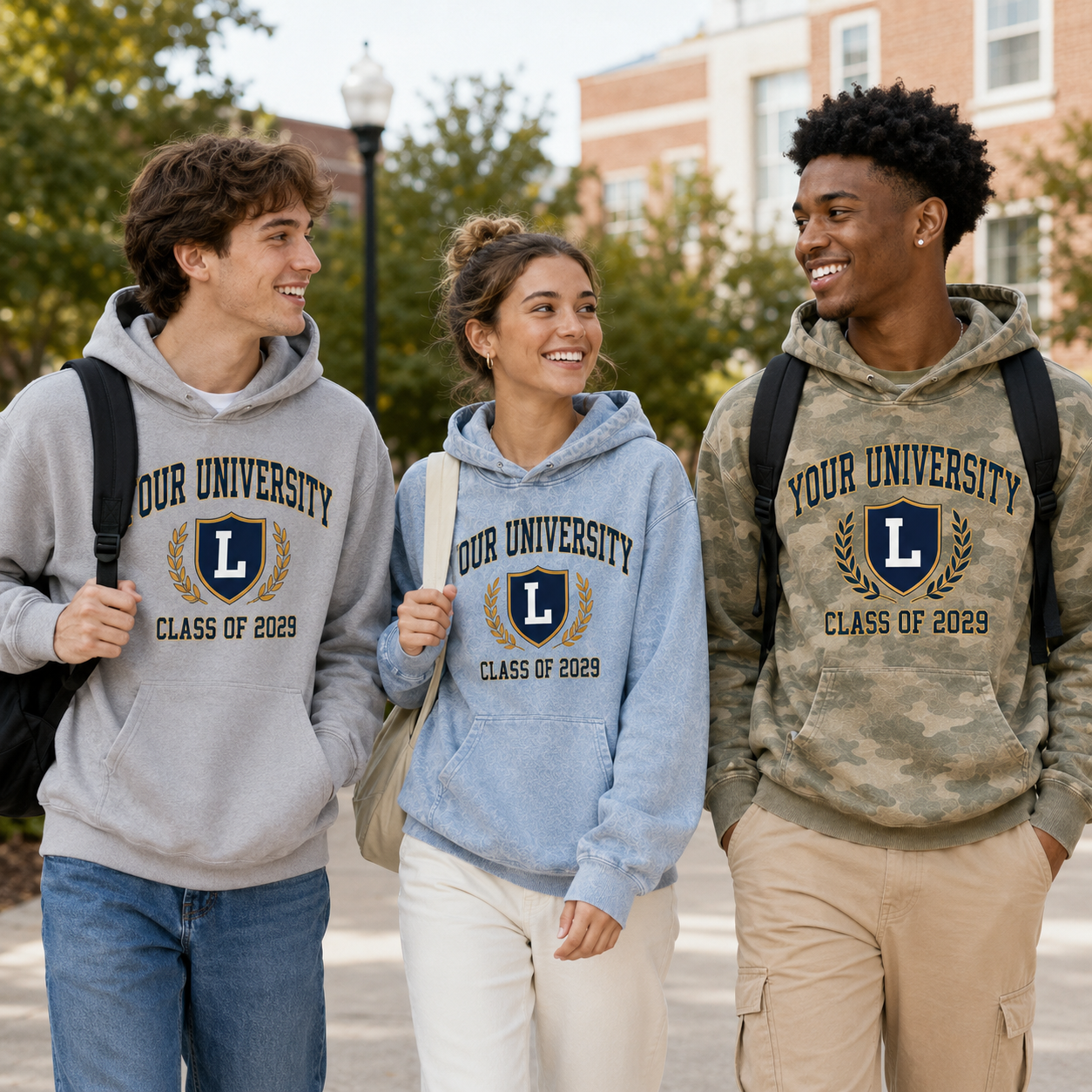 High school students wearing custom varsity hoodies