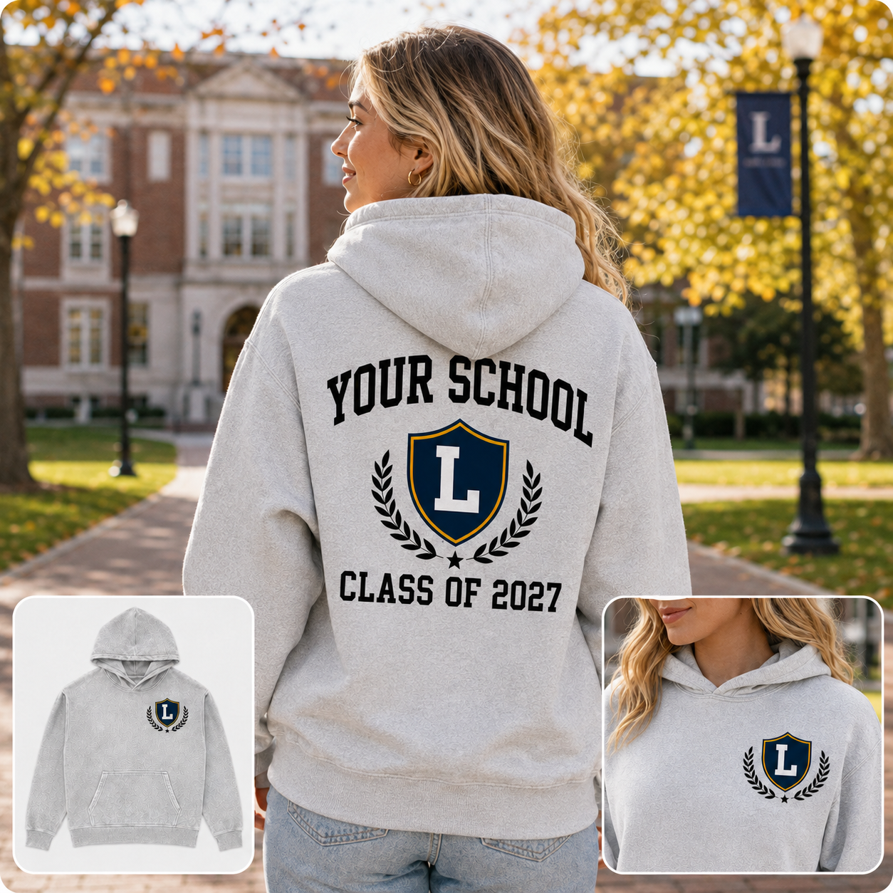 Student wearing light gray double-sided custom high school hoodie, back print view