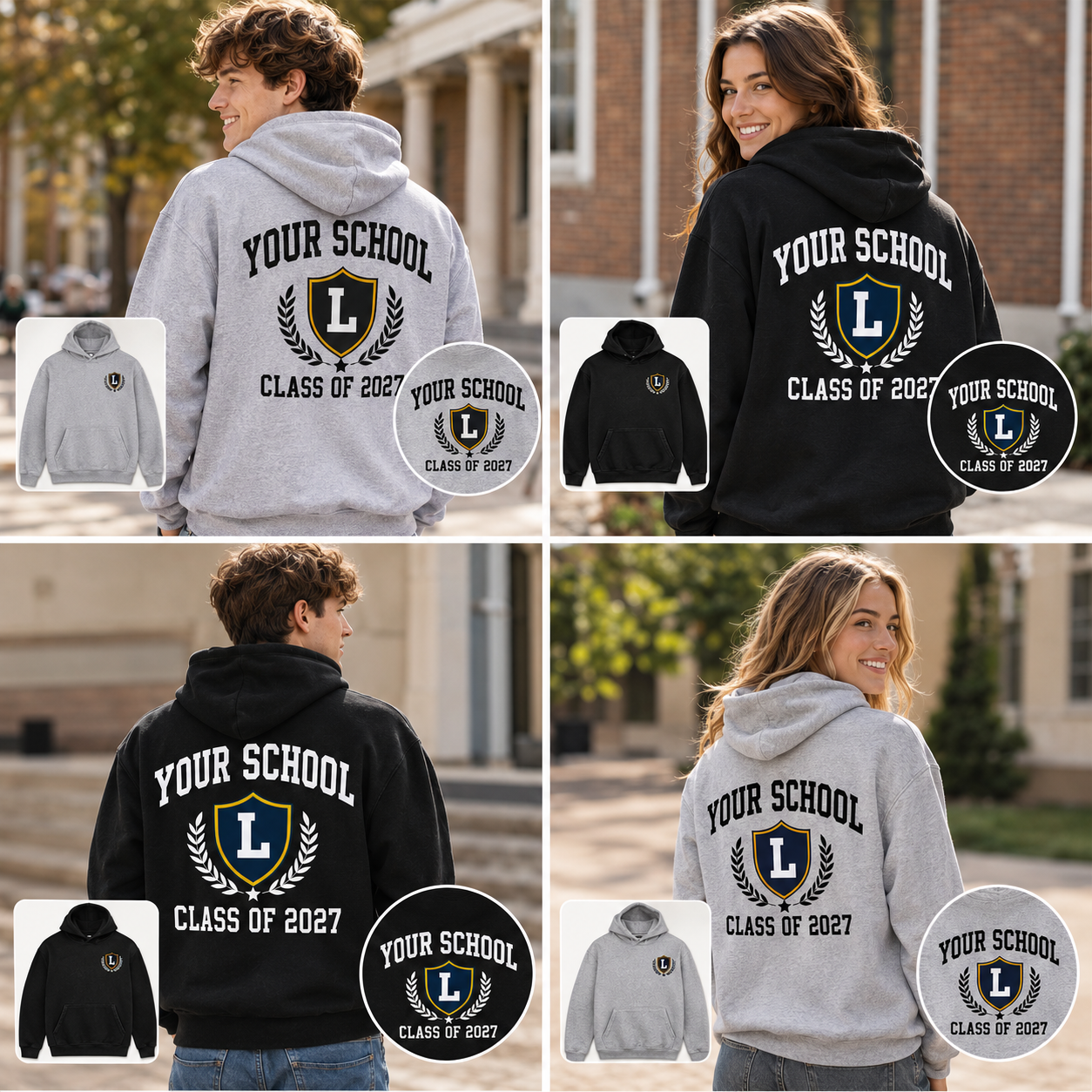 Students modeling black and light gray double-sided custom high school hoodies