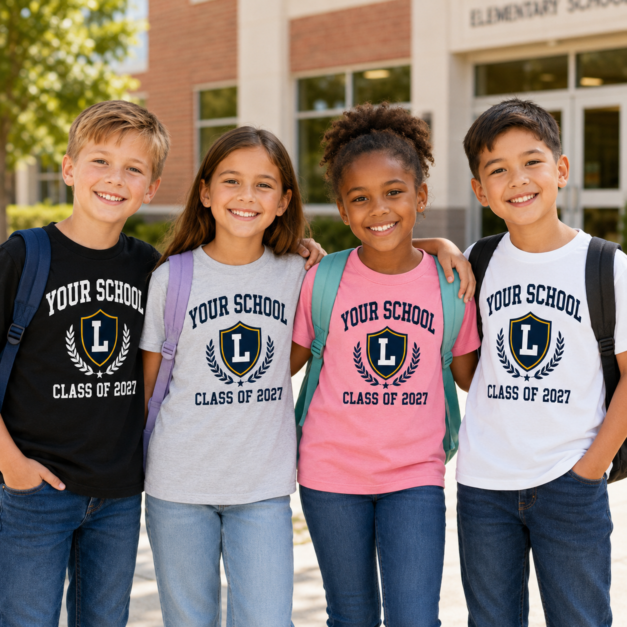 Elementary school kids wearing personalized school T-shirts in multiple colors