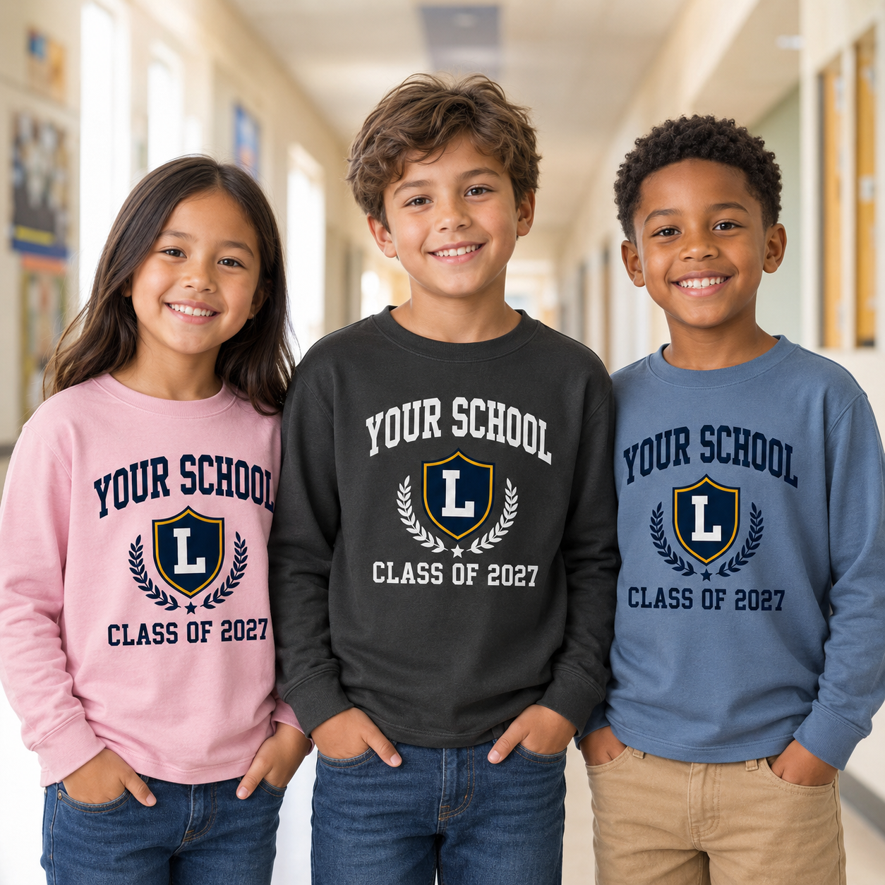 Elementary school kids wearing custom school lightweight crewneck sweatshirts in Pink, Charcoal and Denim Blue