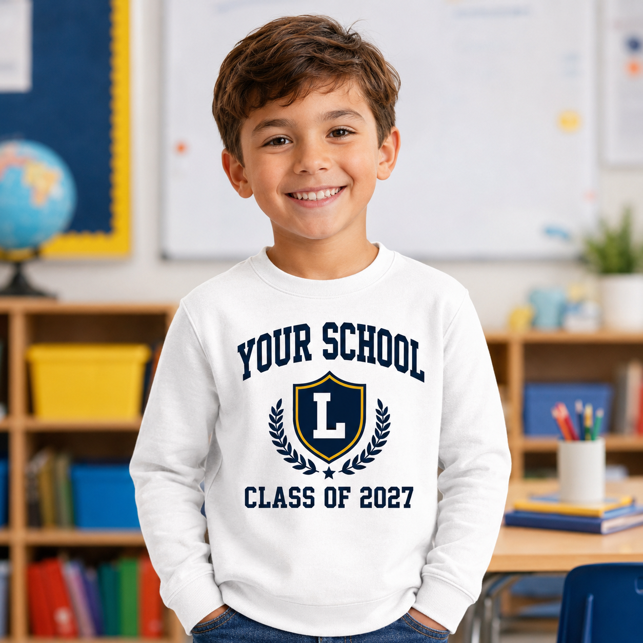 Elementary school boy wearing a white custom school lightweight crewneck sweatshirt