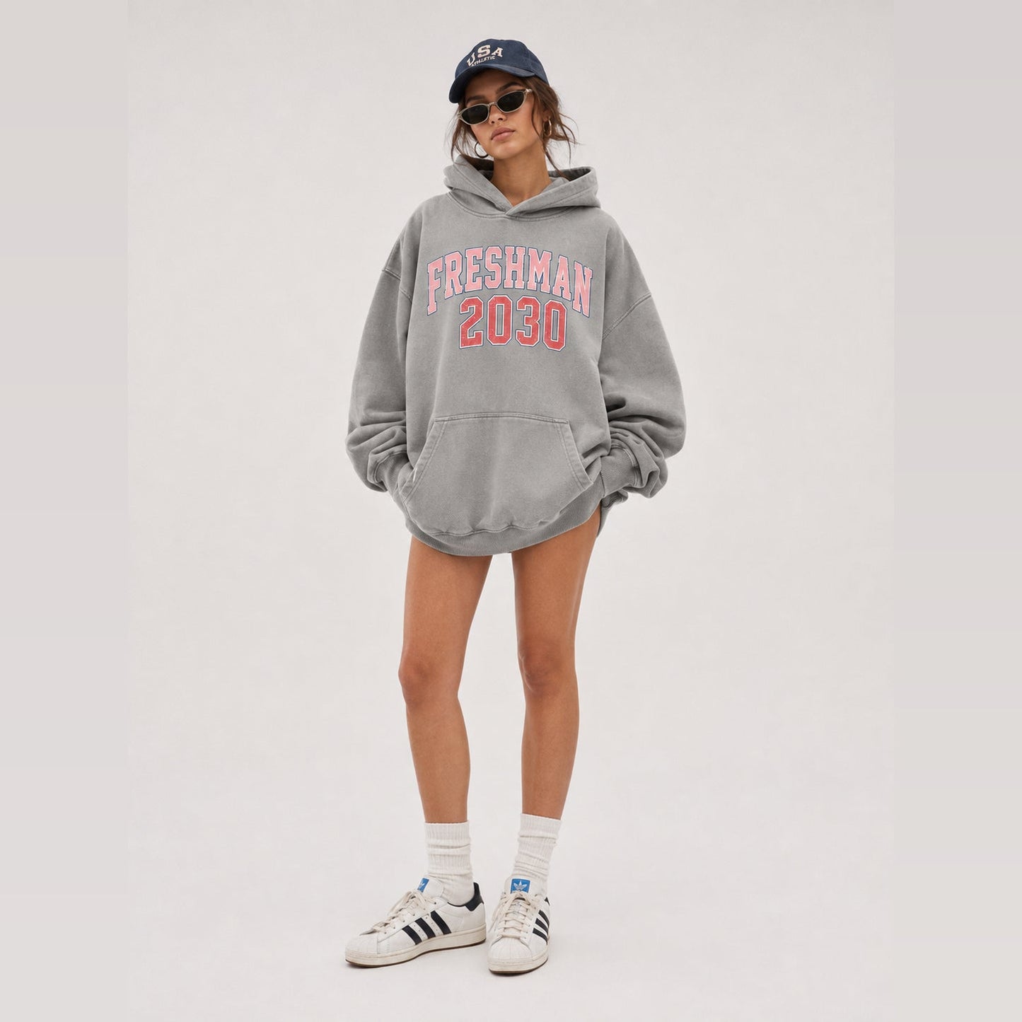 Freshman 2030 gray oversized hoodie front view
