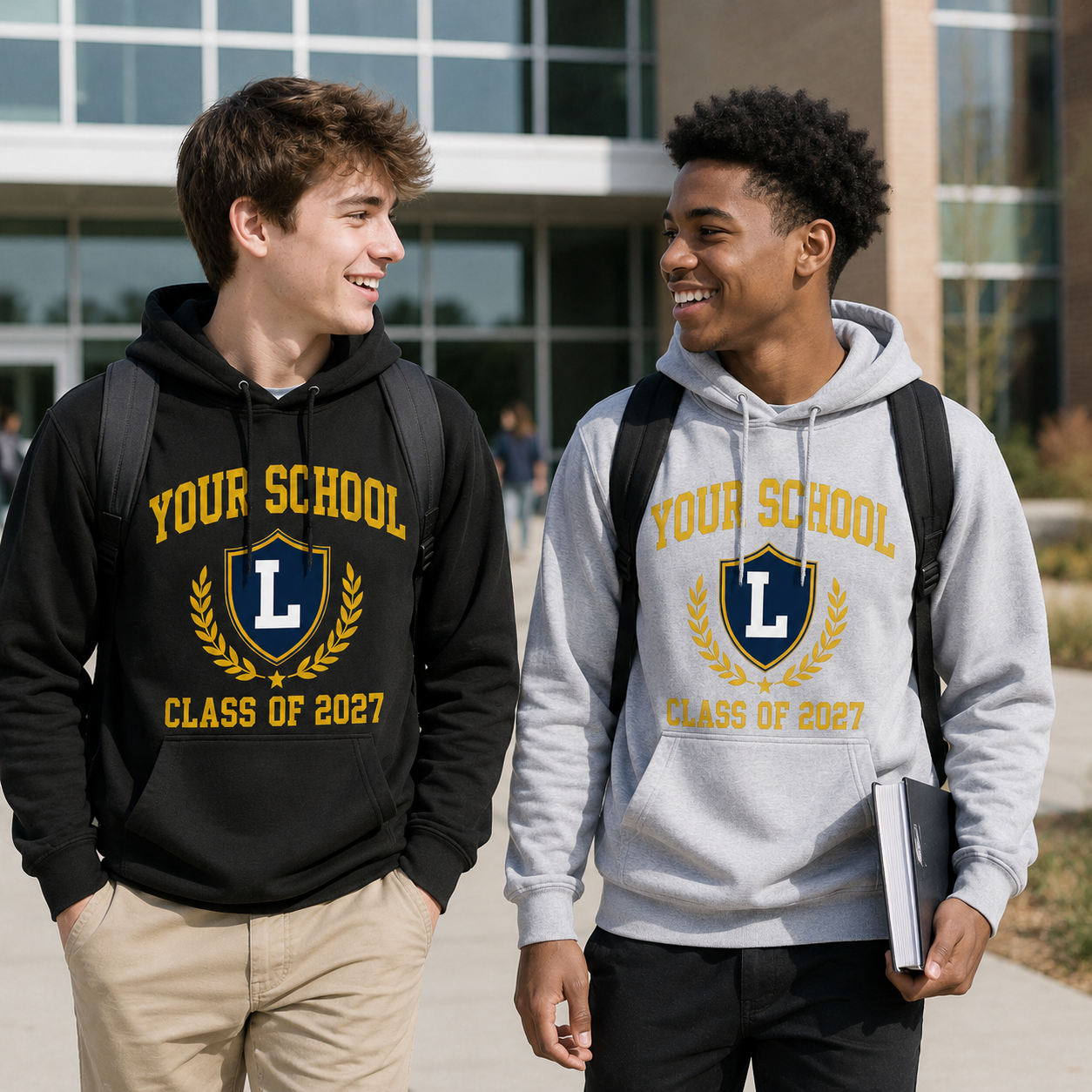 Four high school students wearing Your School Class of 2027 hoodies