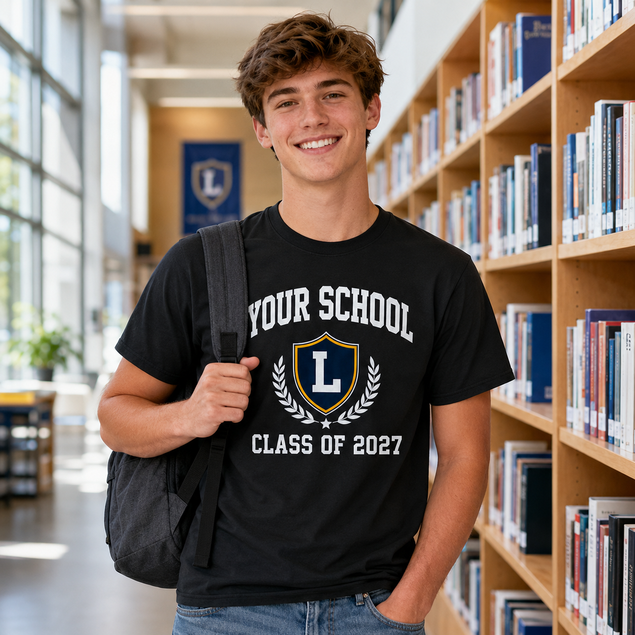 Male high school student wearing a personalized black school T-shirt