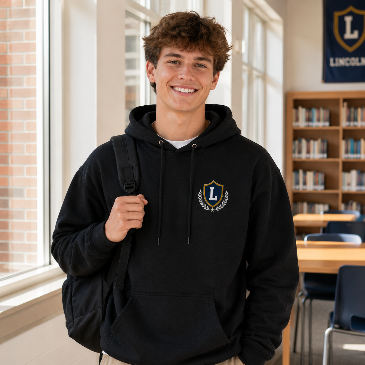 High school student wearing black custom hoodie with small crest on front