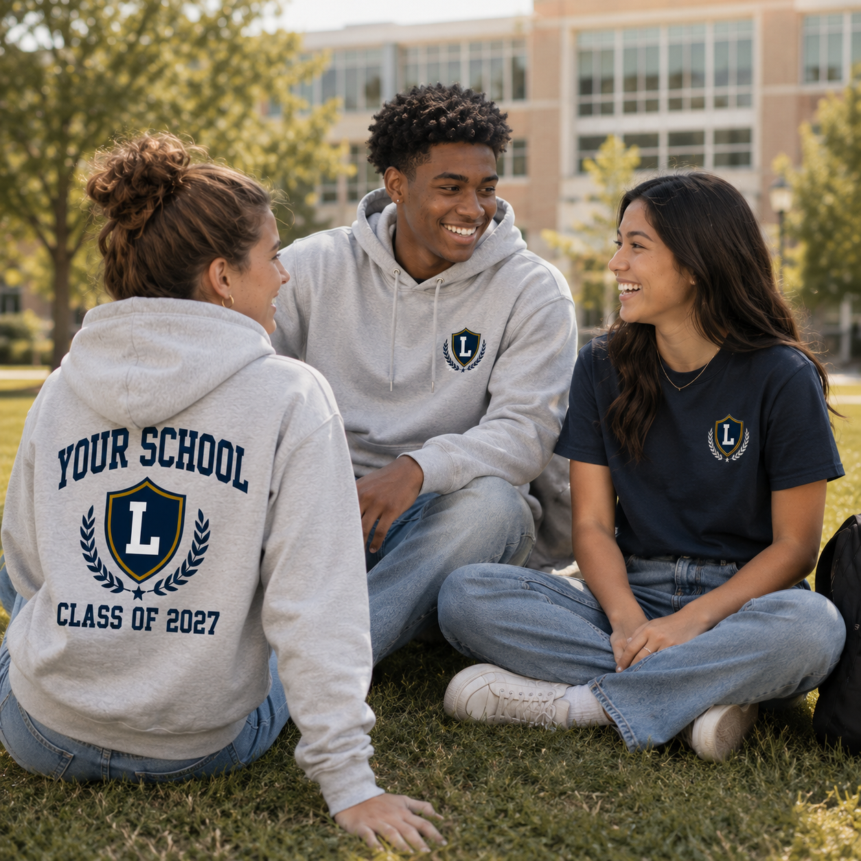 High school students wearing custom double-sided school hoodies on campus