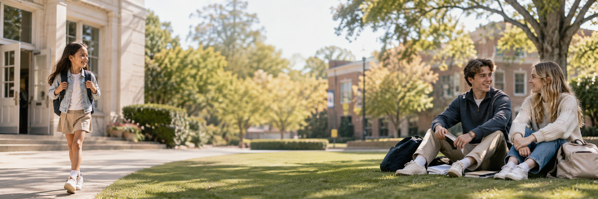 Elementary school student and college students on a sunny American campus