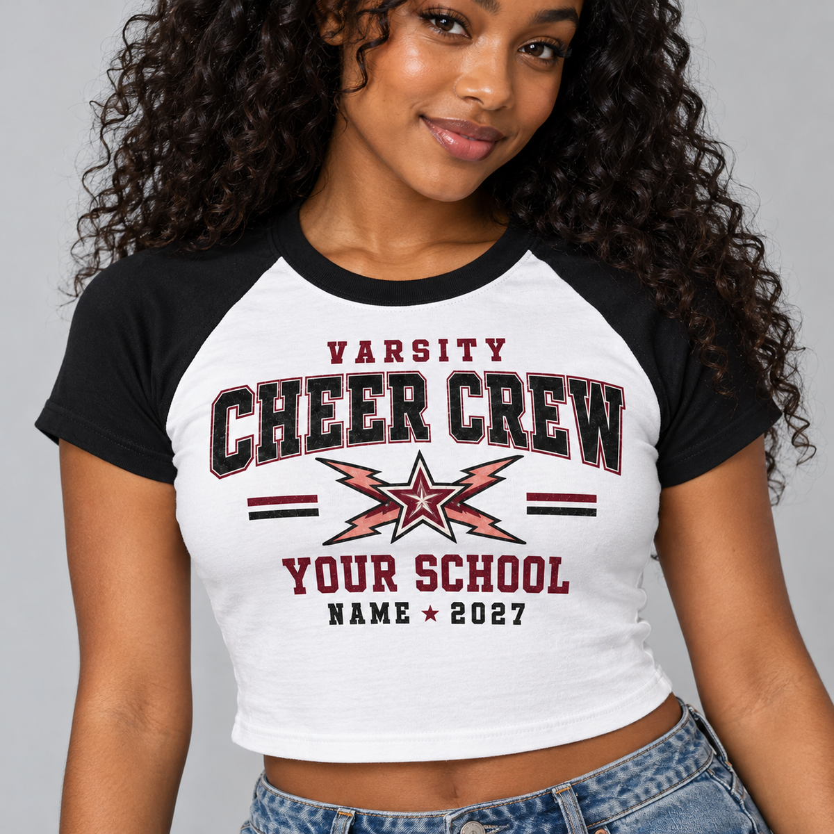 Custom Varsity Cheer Crew raglan crop tee black view 5