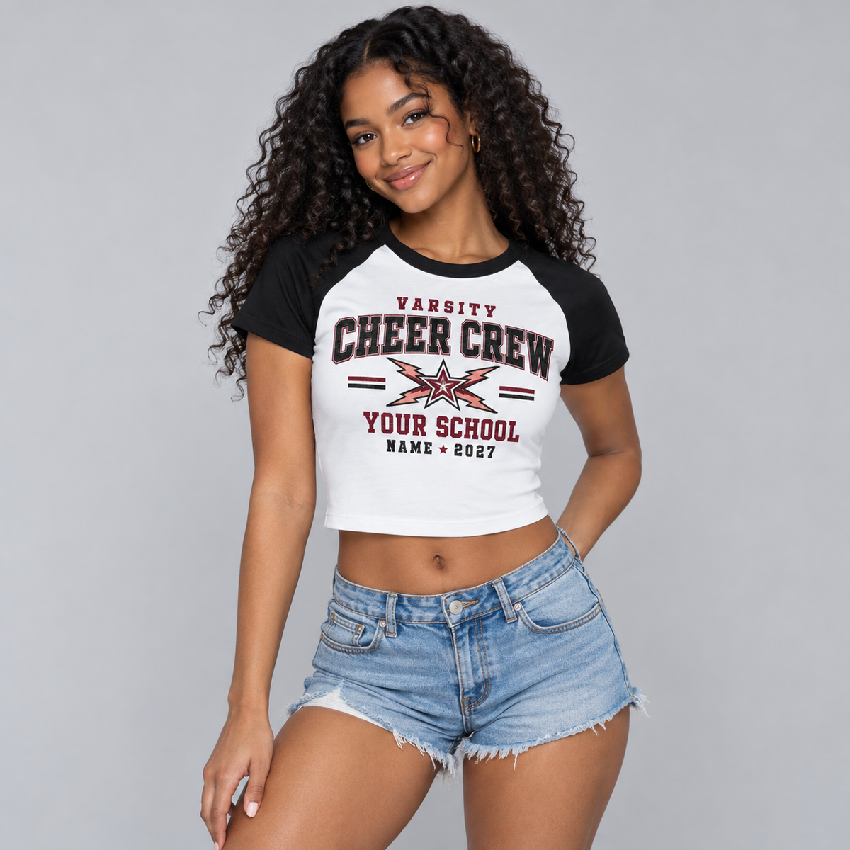 Custom Varsity Cheer Crew raglan crop tee black view 2