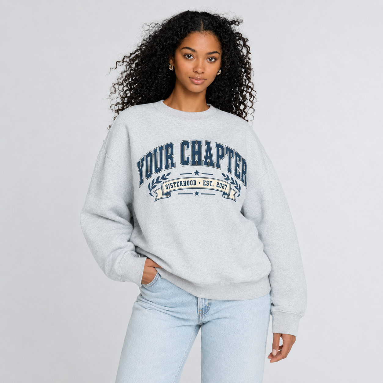 Your Chapter Sisterhood 2027 crewneck gray-model-half