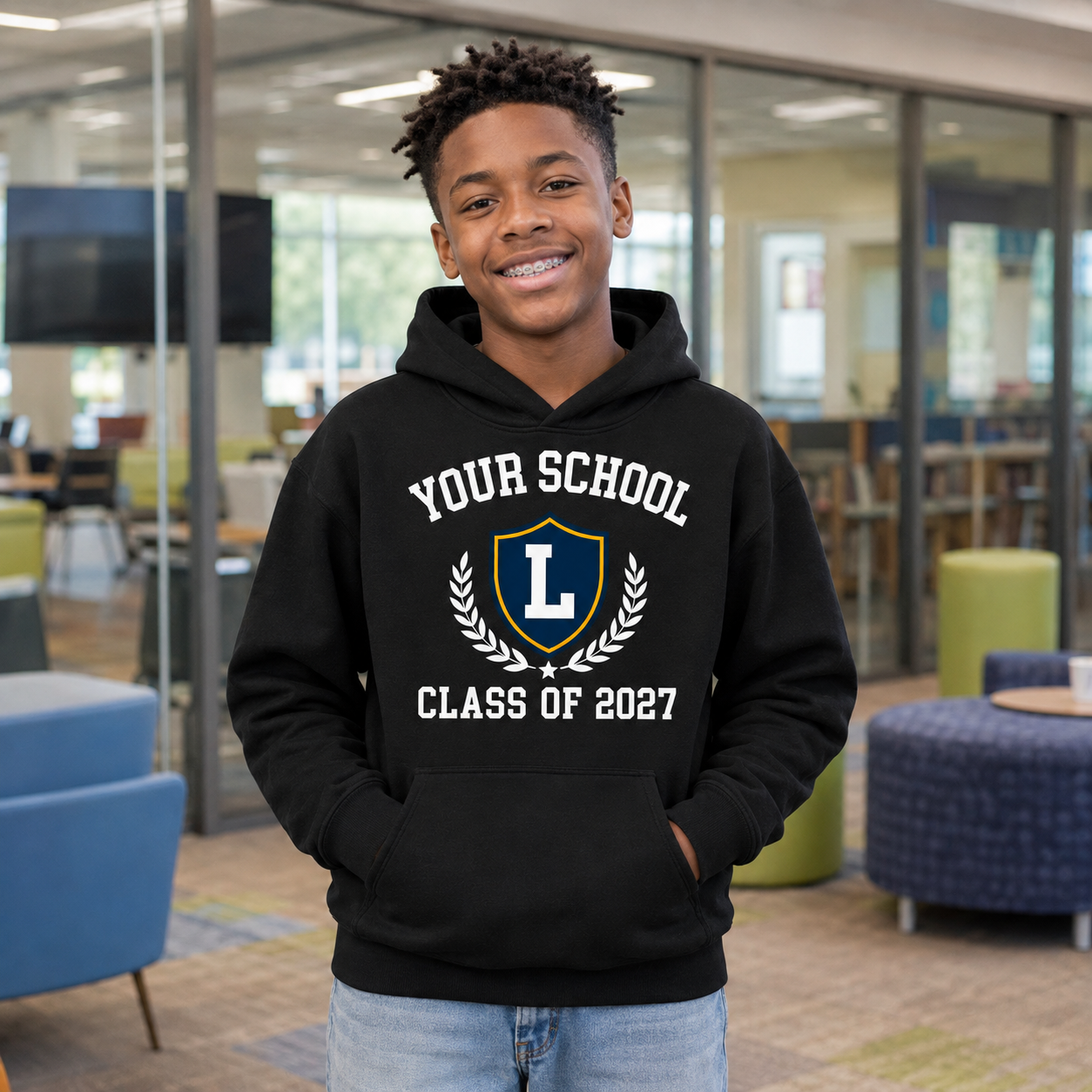 High school student wearing black Class of 2027 hoodie