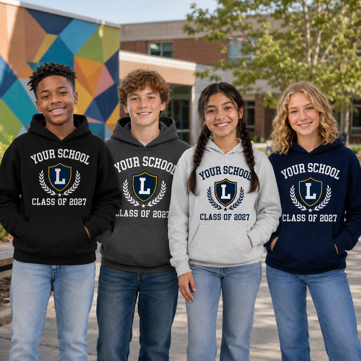 High school Class of 2027 students wearing school spirit hoodies