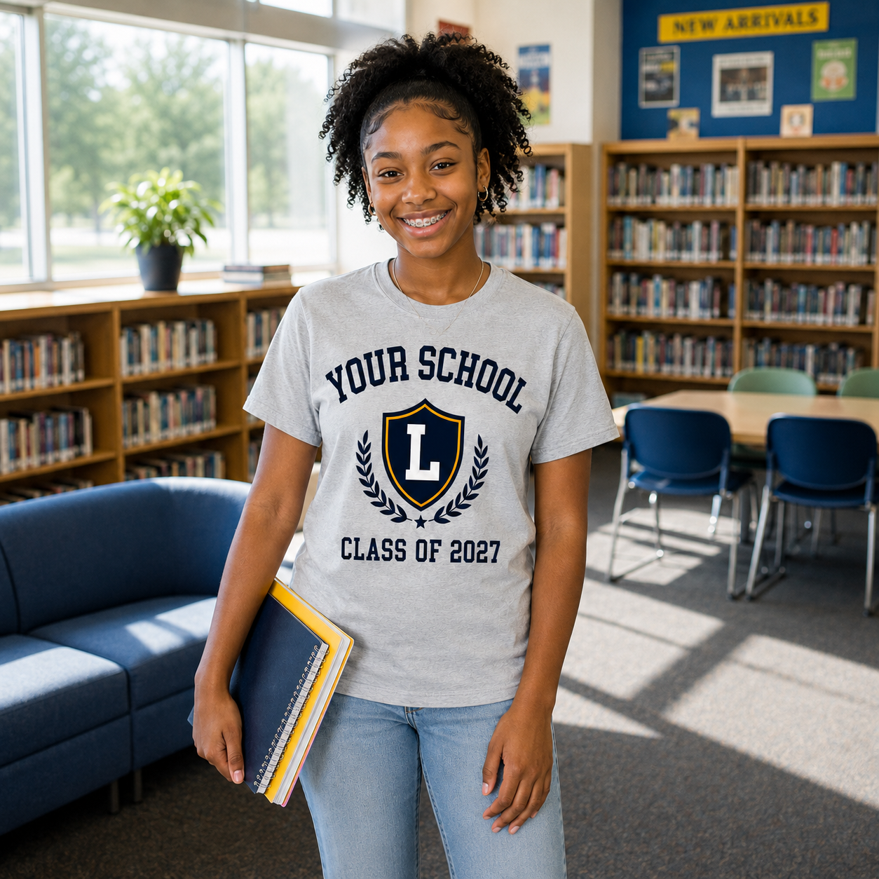 Student wearing light gray Youth Class of 2027 T-shirt