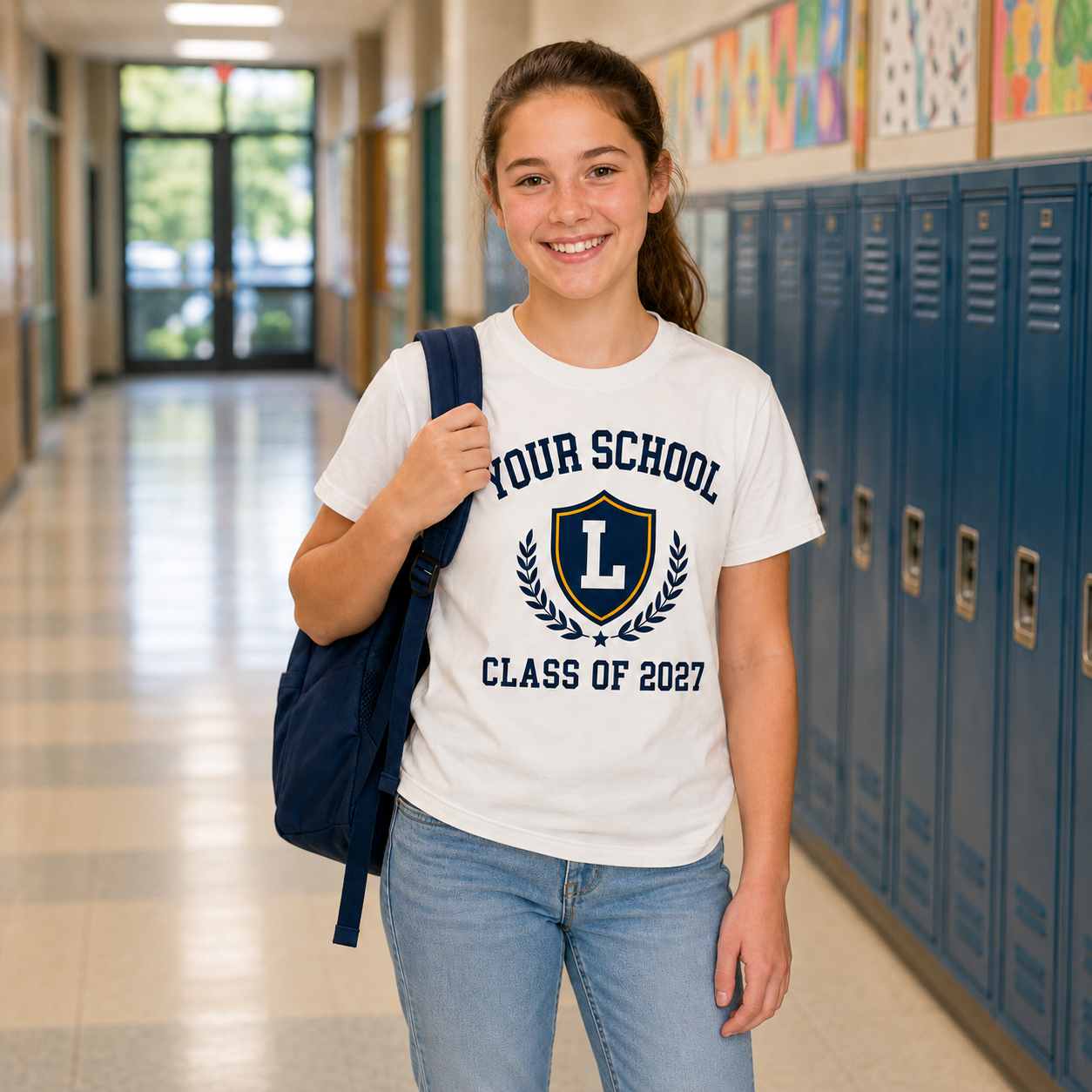 Student wearing white Youth Class of 2027 T-shirt